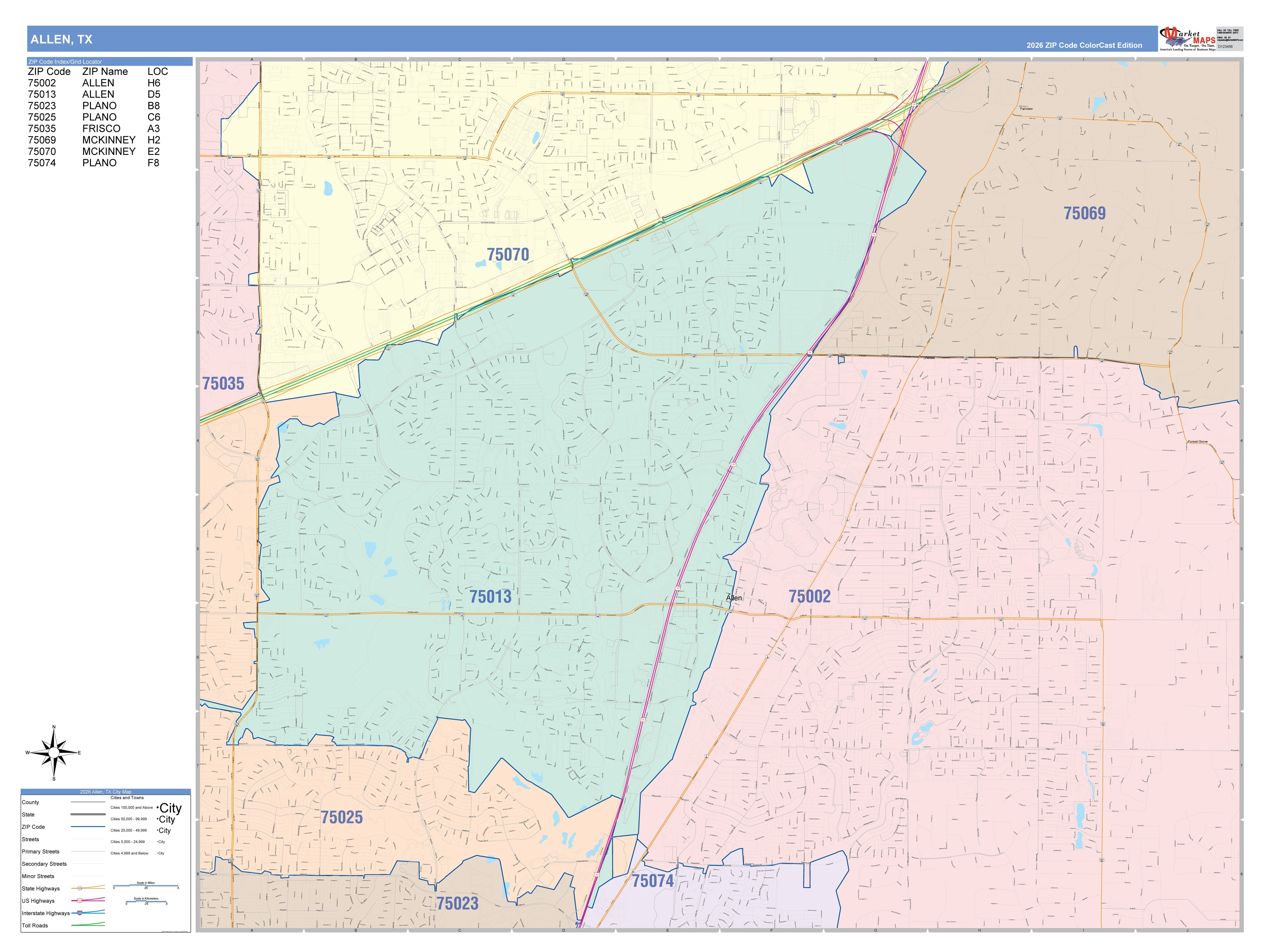 Color Cast Zip Code Style Wall Map of Allen, TX – American Map Store