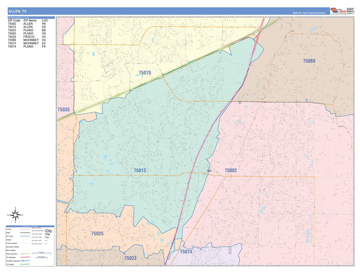 Color Cast Zip Code Style Wall Map of Allen, TX