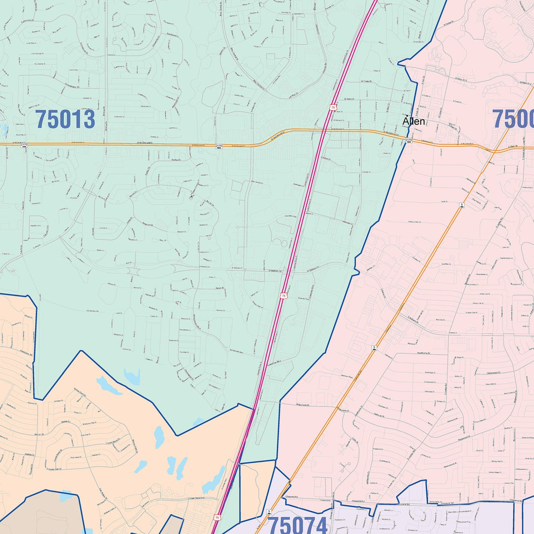 Color Cast Zip Code Style Wall Map of Allen, TX