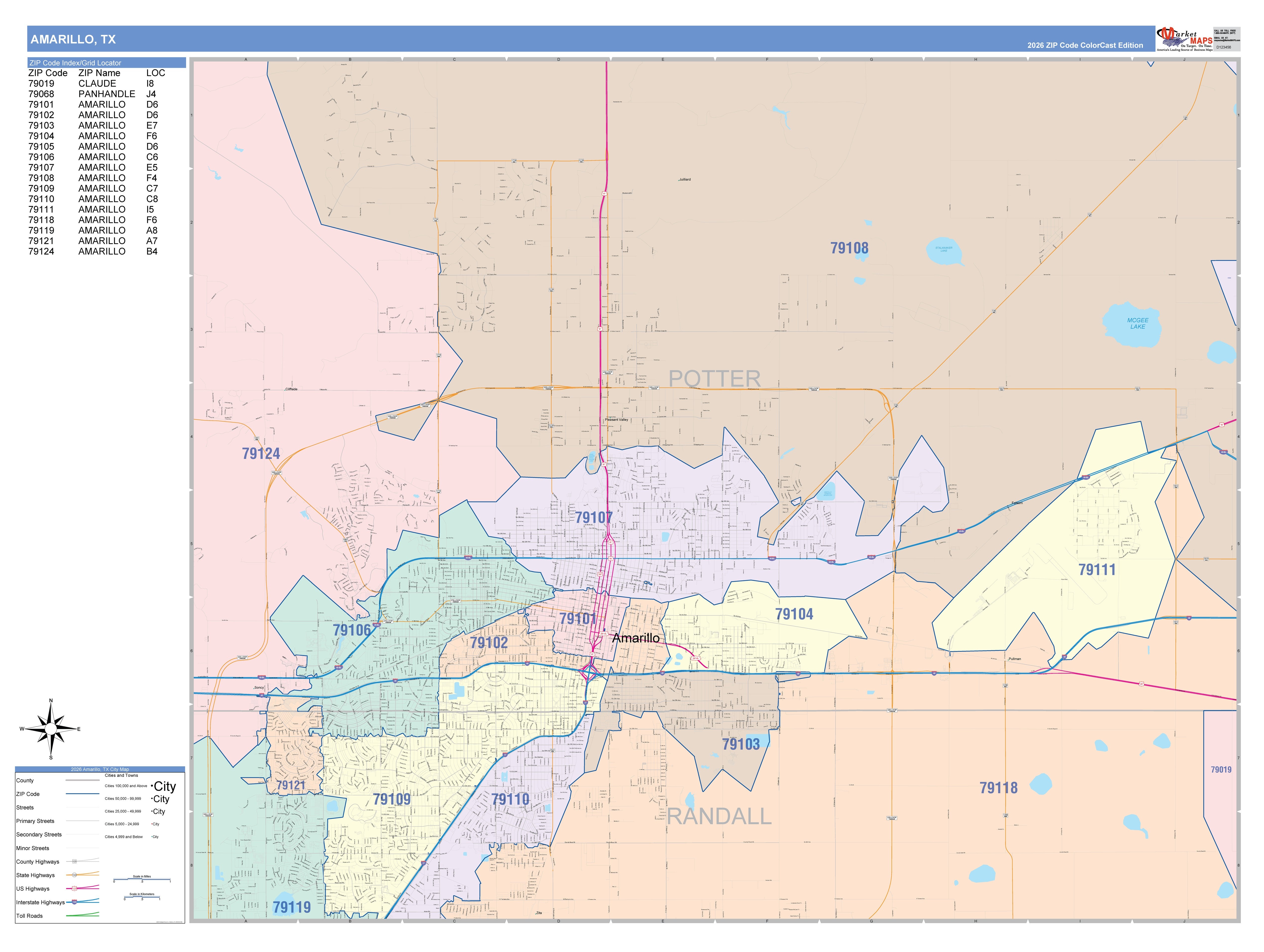 Color Cast Zip Code Style Wall Map of Amarillo, TX – American Map Store