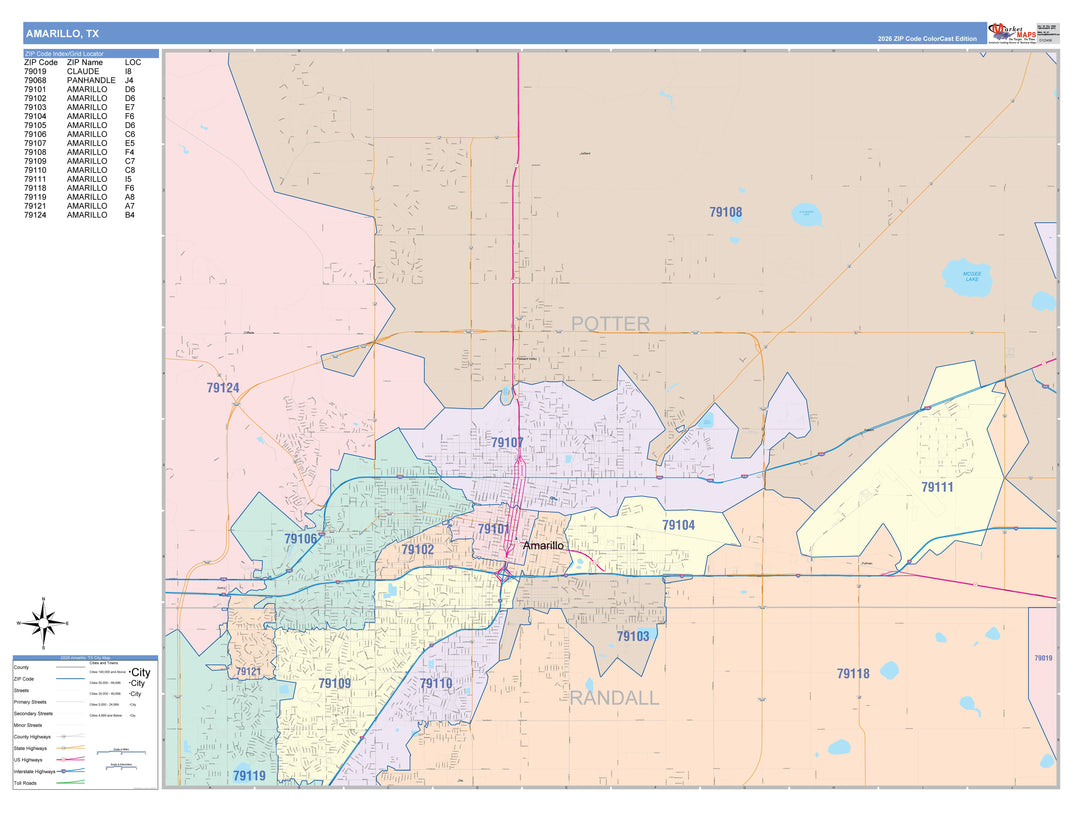 Color Cast Zip Code Style Wall Map of Amarillo, TX