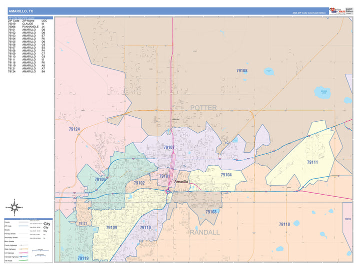 Color Cast Zip Code Style Wall Map of Amarillo, TX