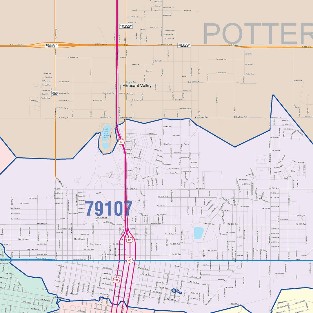Color Cast Zip Code Style Wall Map of Amarillo, TX