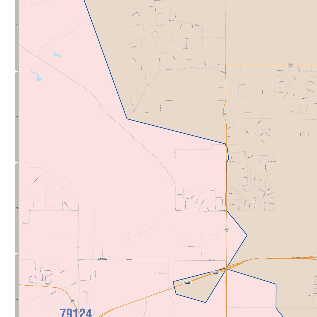 Color Cast Zip Code Style Wall Map of Amarillo, TX