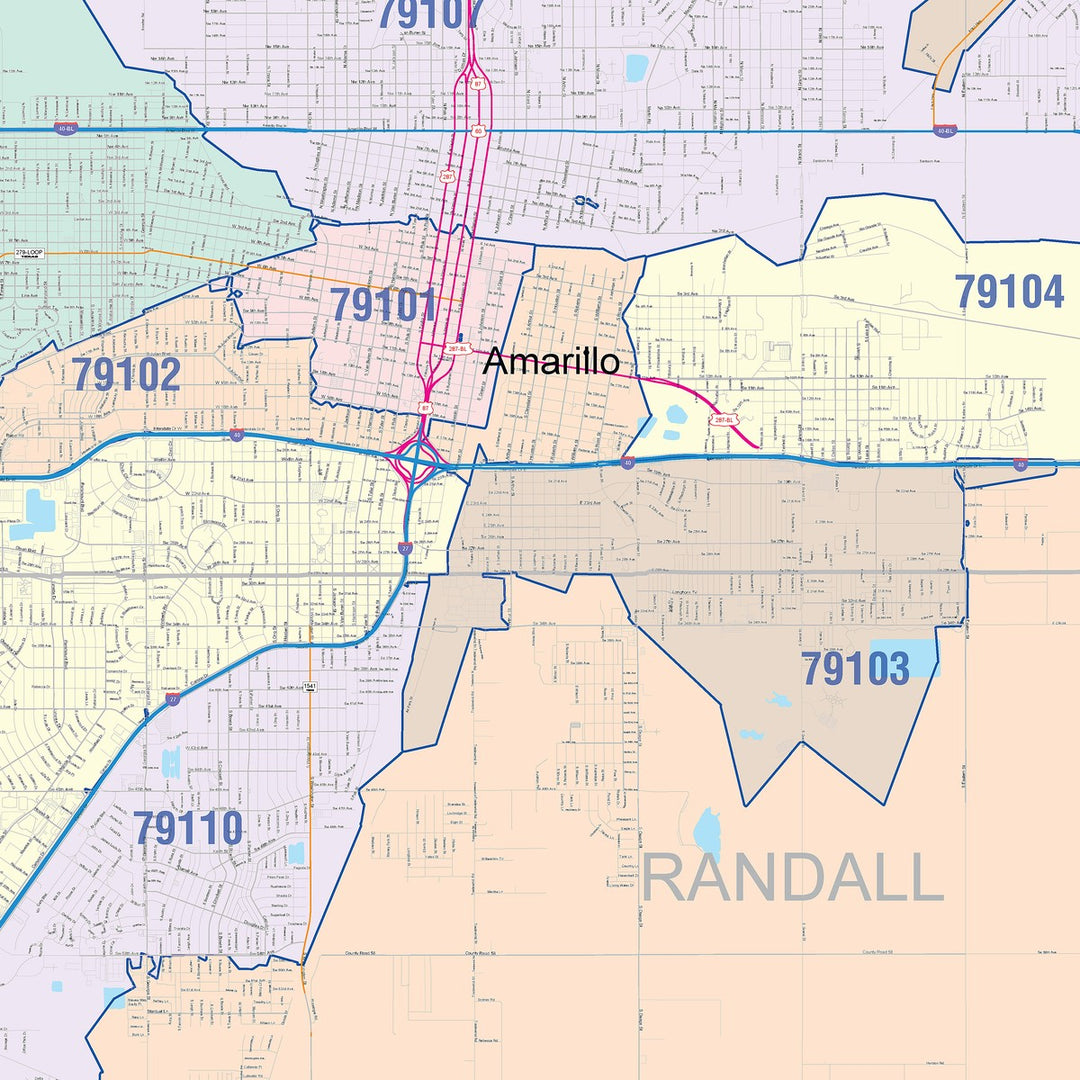 Color Cast Zip Code Style Wall Map of Amarillo, TX