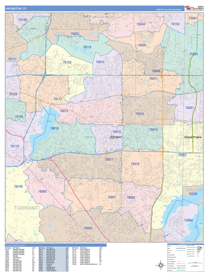 Color Cast Zip Code Style Wall Map of Arlington, TX
