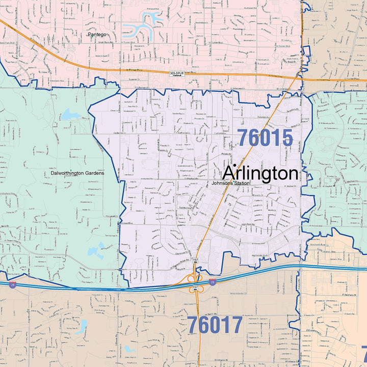 Color Cast Zip Code Style Wall Map of Arlington, TX