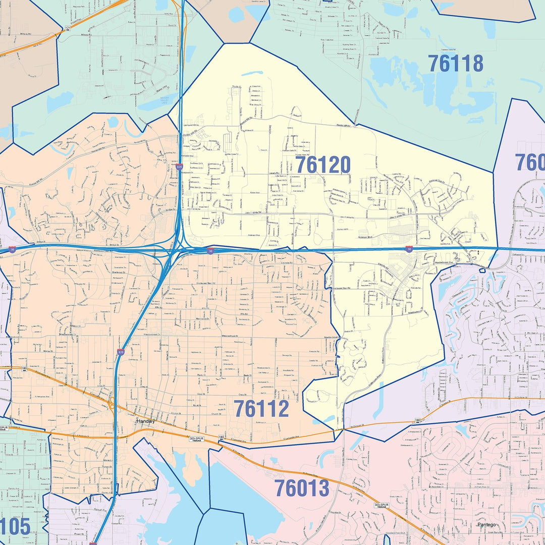 Color Cast Zip Code Style Wall Map of Arlington, TX