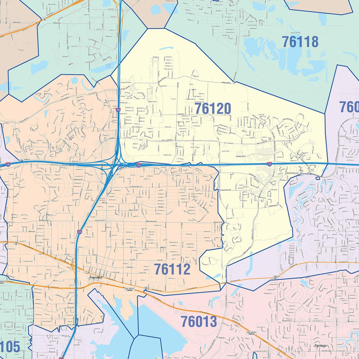 Color Cast Zip Code Style Wall Map of Arlington, TX