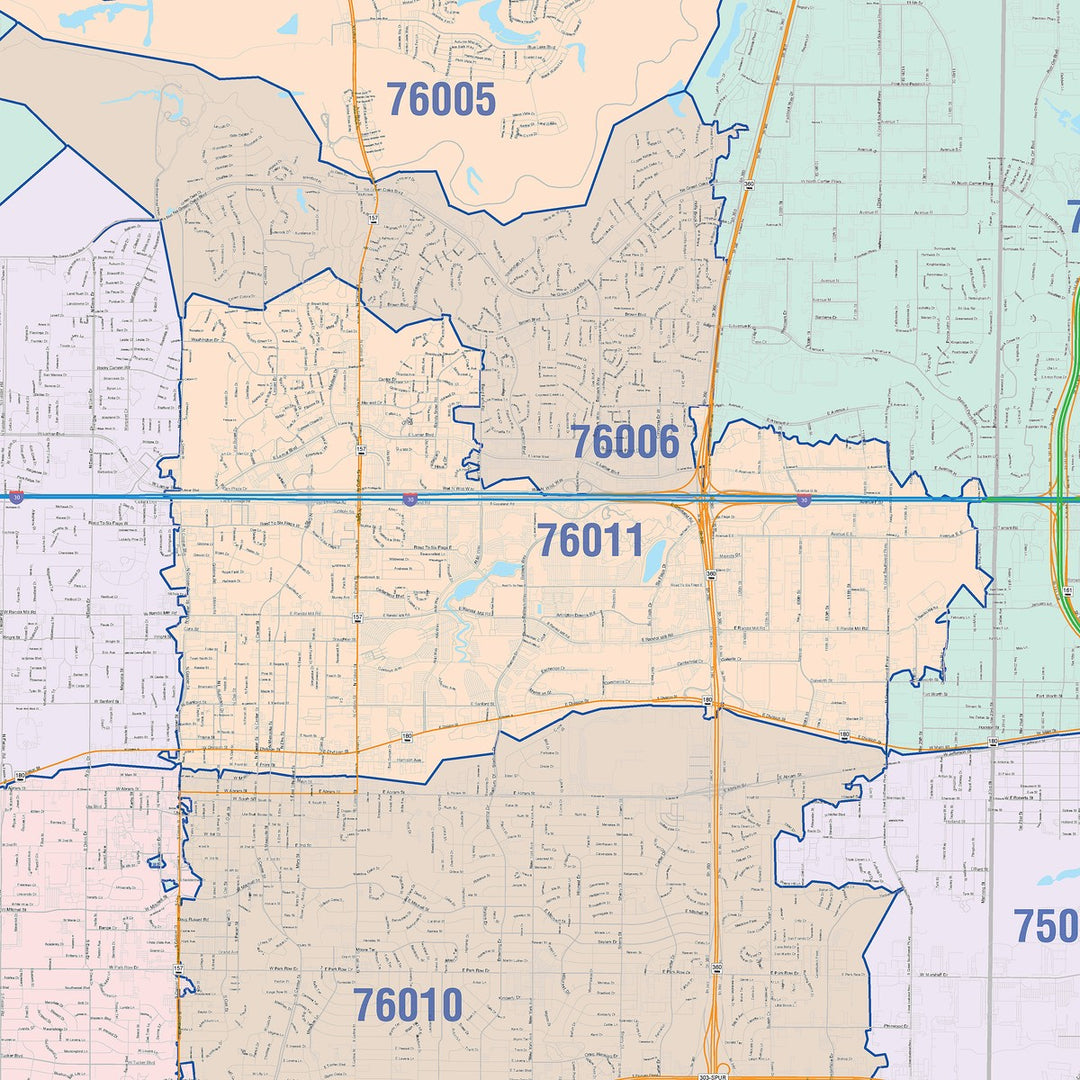Color Cast Zip Code Style Wall Map of Arlington, TX