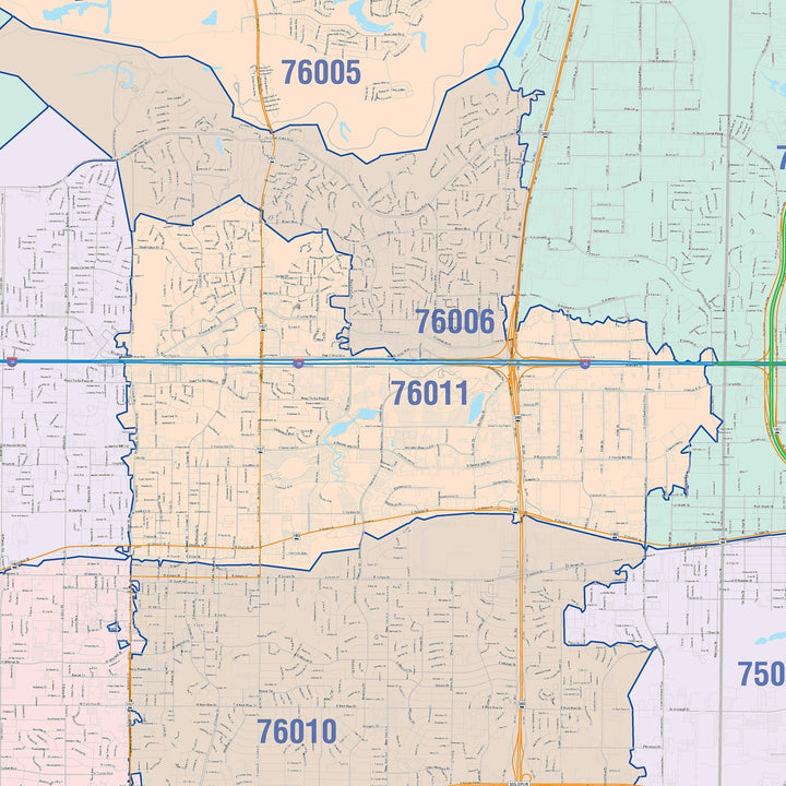 Color Cast Zip Code Style Wall Map of Arlington, TX
