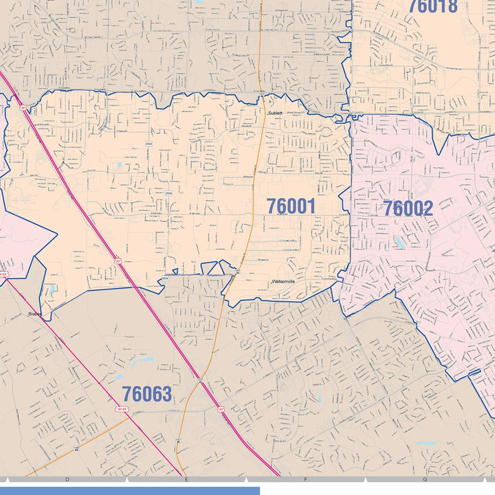 Color Cast Zip Code Style Wall Map of Arlington, TX