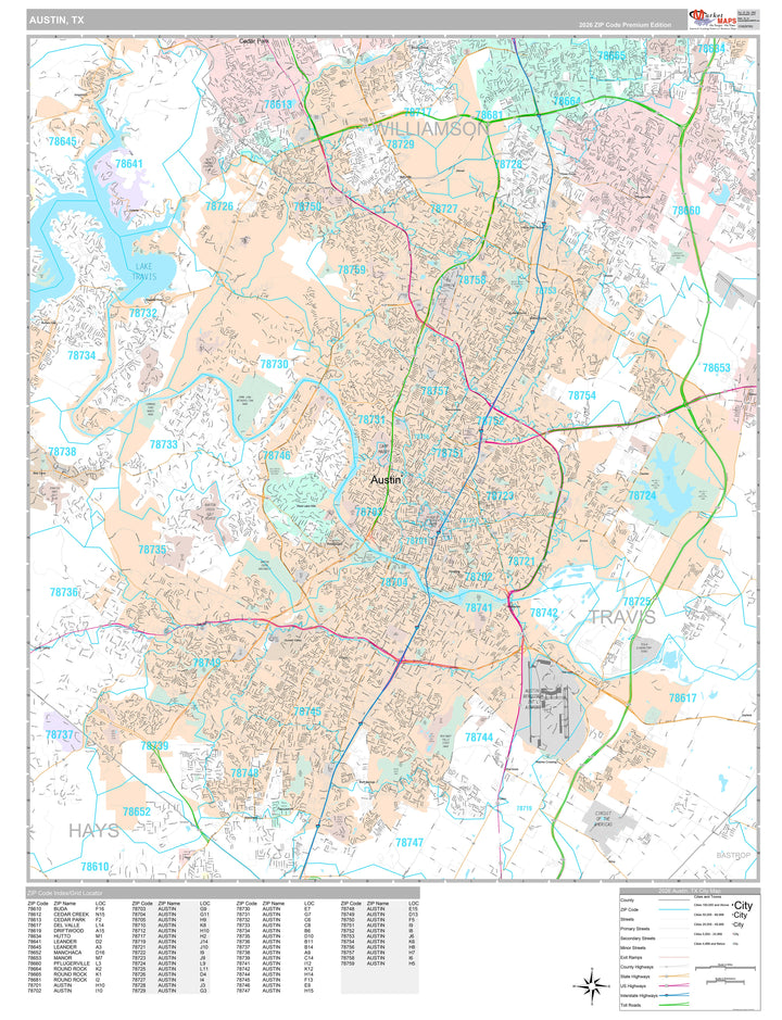 Premium Style Wall Map of Austin TX