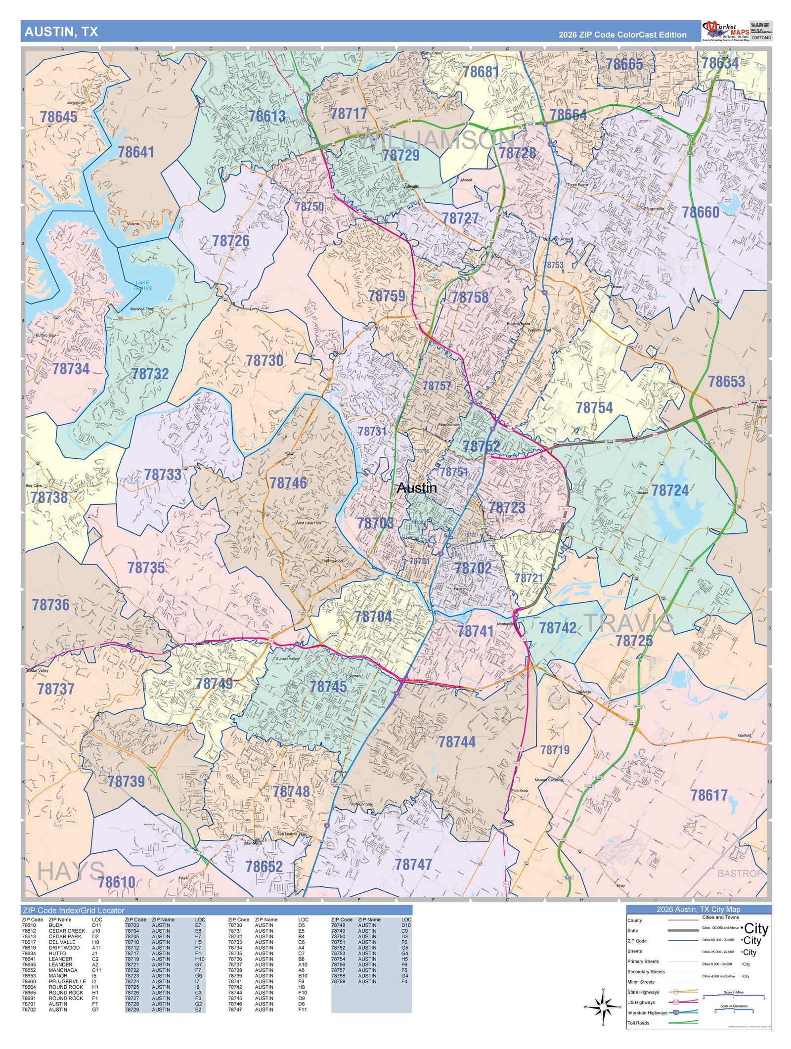 Colorcast Zip Code Style Wall Map of Austin