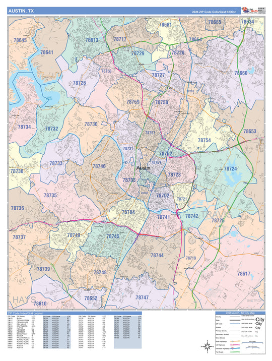 Colorcast Zip Code Style Wall Map of Austin – American Map Store