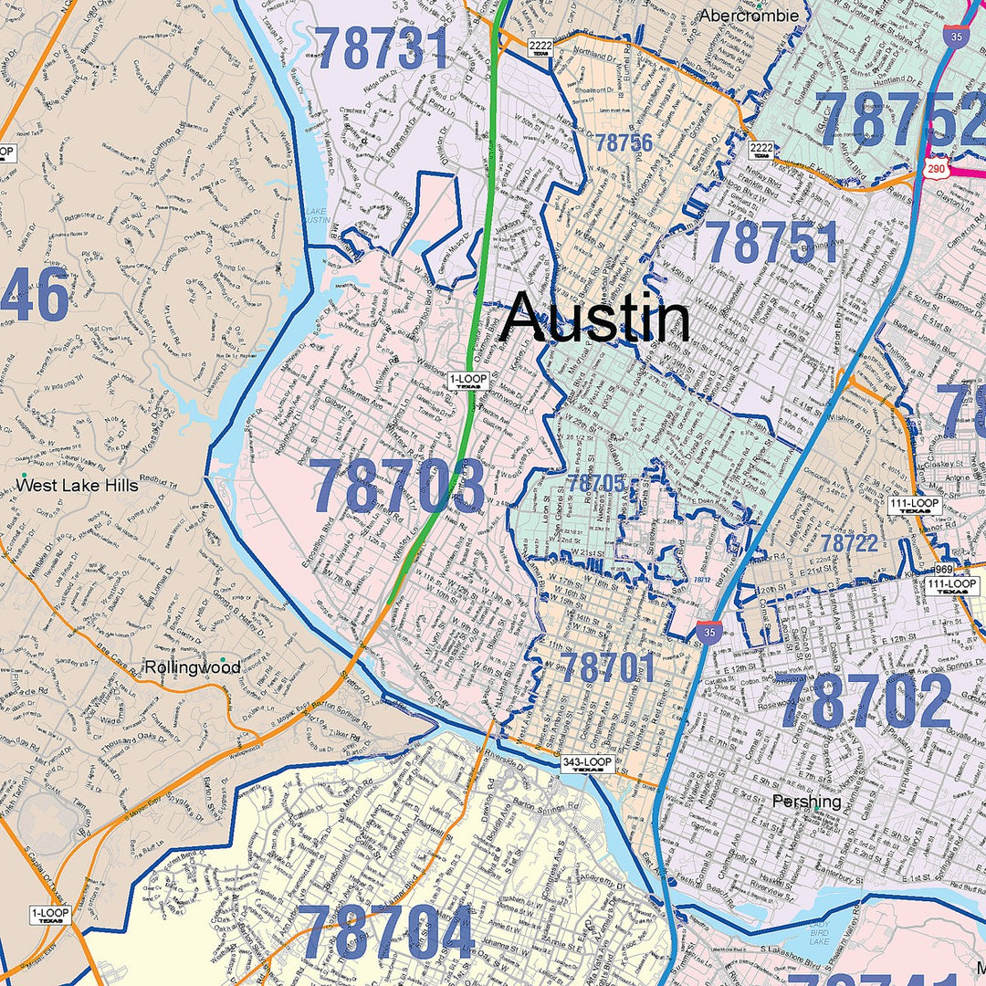 Colorcast Zip Code Style Wall Map of Austin – American Map Store