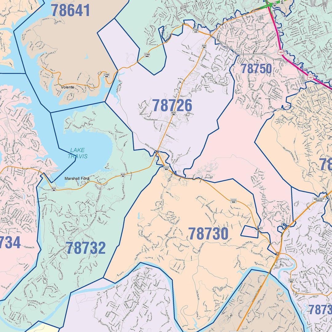 Colorcast Zip Code Style Wall Map of Austin – American Map Store