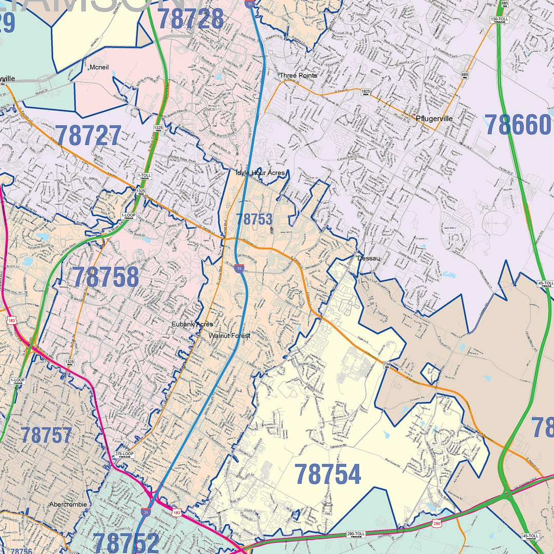 Colorcast Zip Code Style Wall Map of Austin – American Map Store
