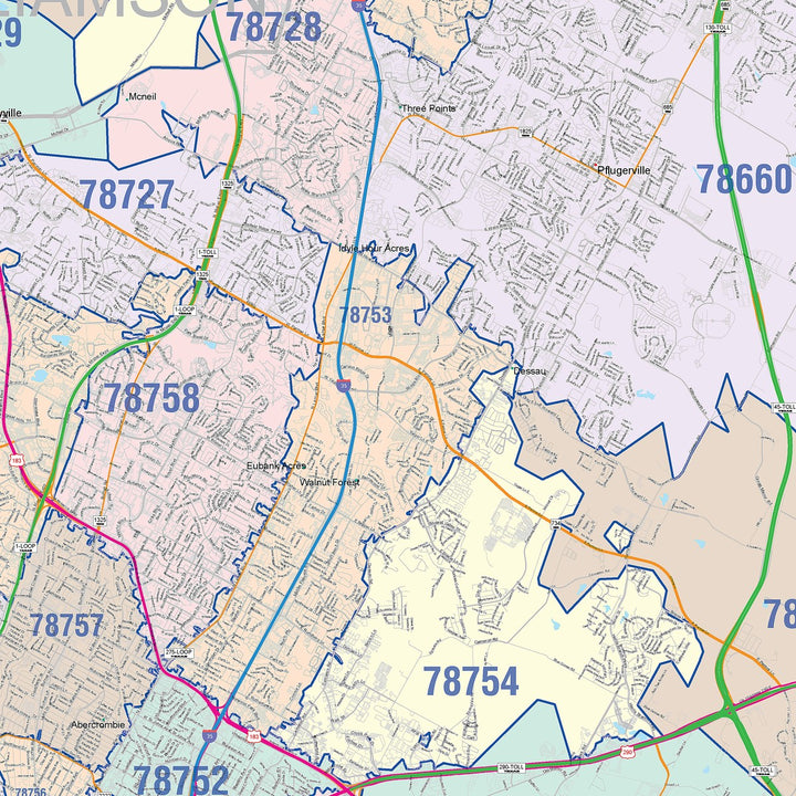 Colorcast Zip Code Style Wall Map of Austin – American Map Store