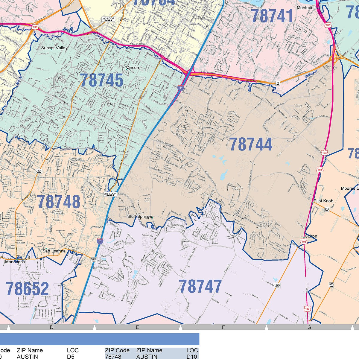 Colorcast Zip Code Style Wall Map of Austin – American Map Store