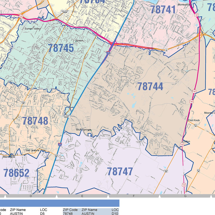 Colorcast Zip Code Style Wall Map of Austin – American Map Store