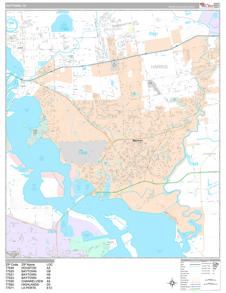 Premium Style Wall Map of Baytown, TX