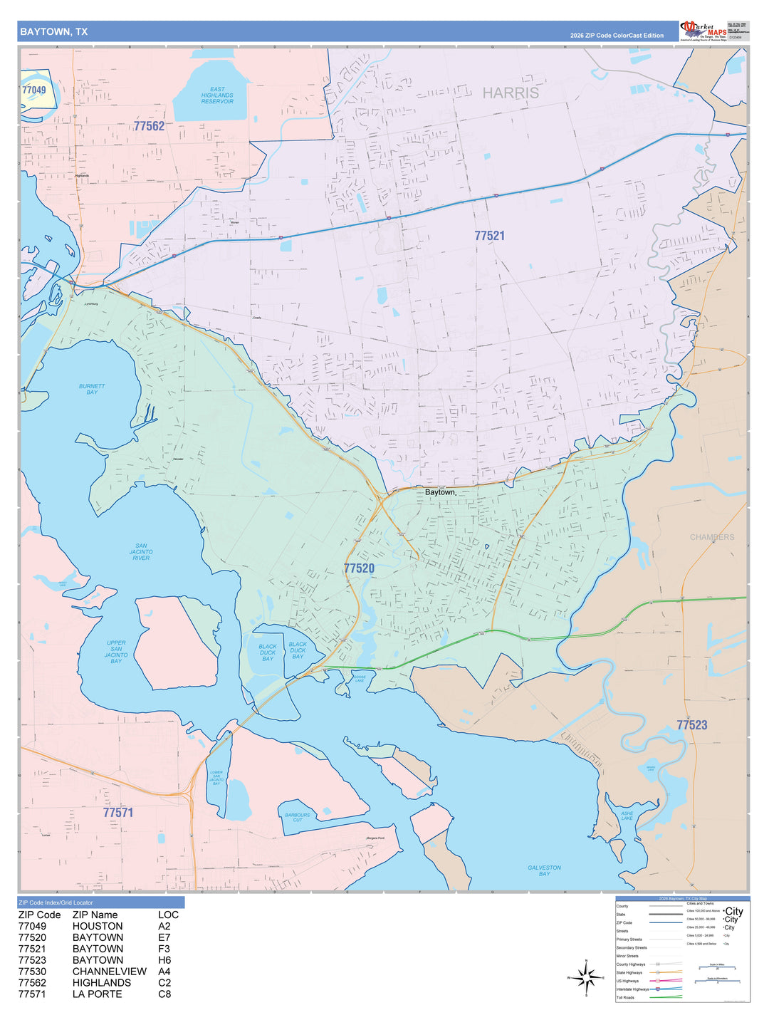 Color Cast Zip Code Style Wall Map of Baytown, TX