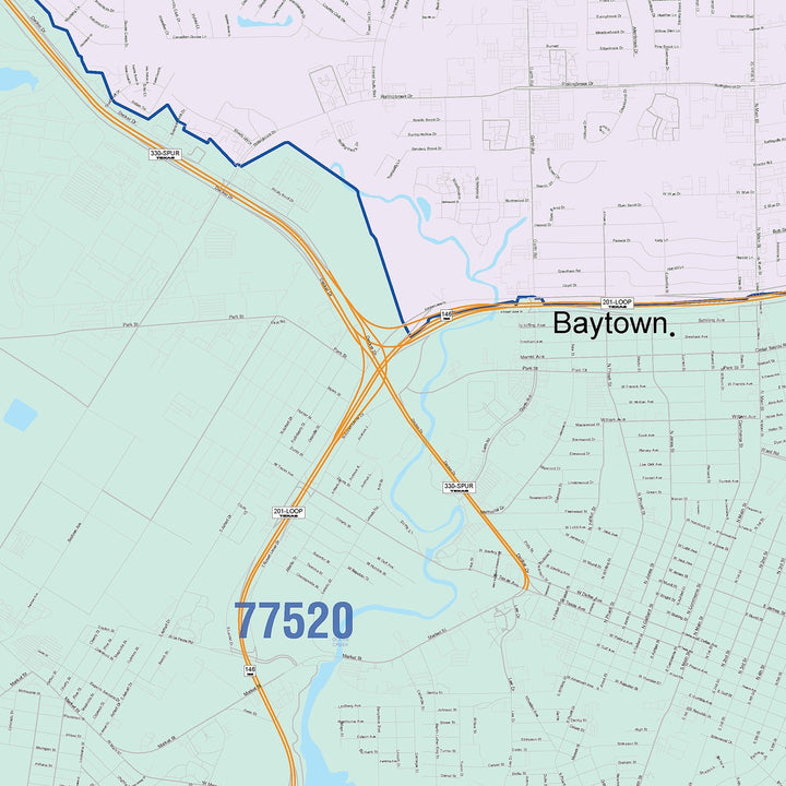 Color Cast Zip Code Style Wall Map of Baytown, TX