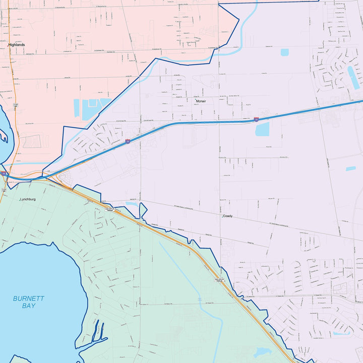 Color Cast Zip Code Style Wall Map of Baytown, TX