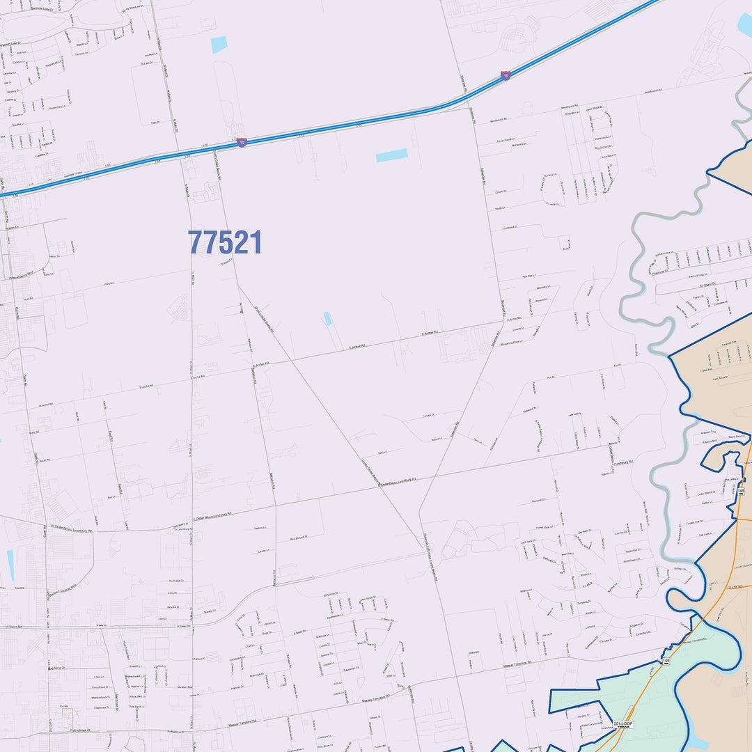 Color Cast Zip Code Style Wall Map of Baytown, TX