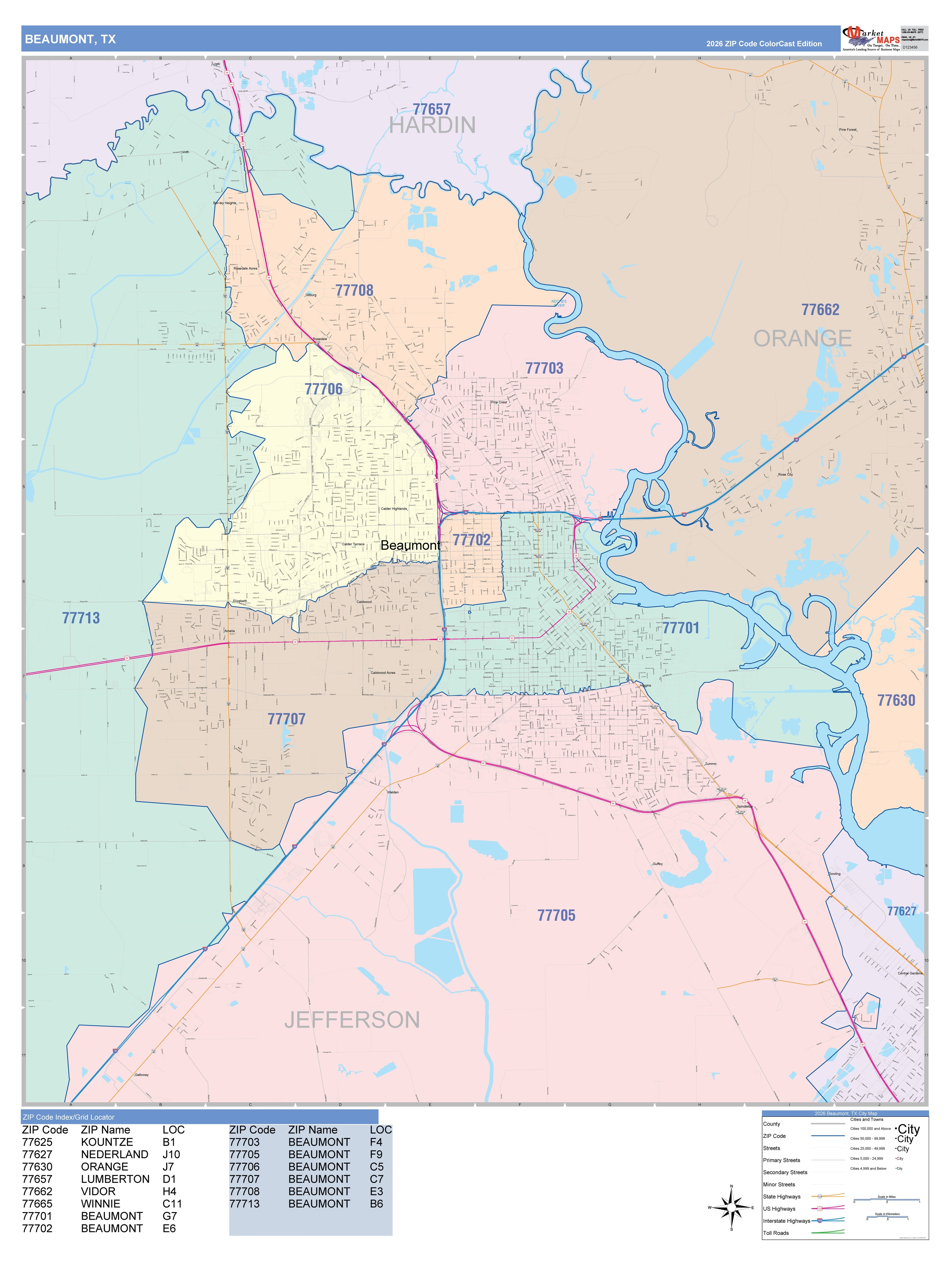 Color Cast Zip Code Style Wall Map of Beaumont, TX – American Map Store