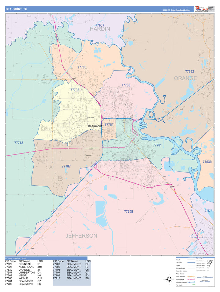 Color Cast Zip Code Style Wall Map of Beaumont, TX
