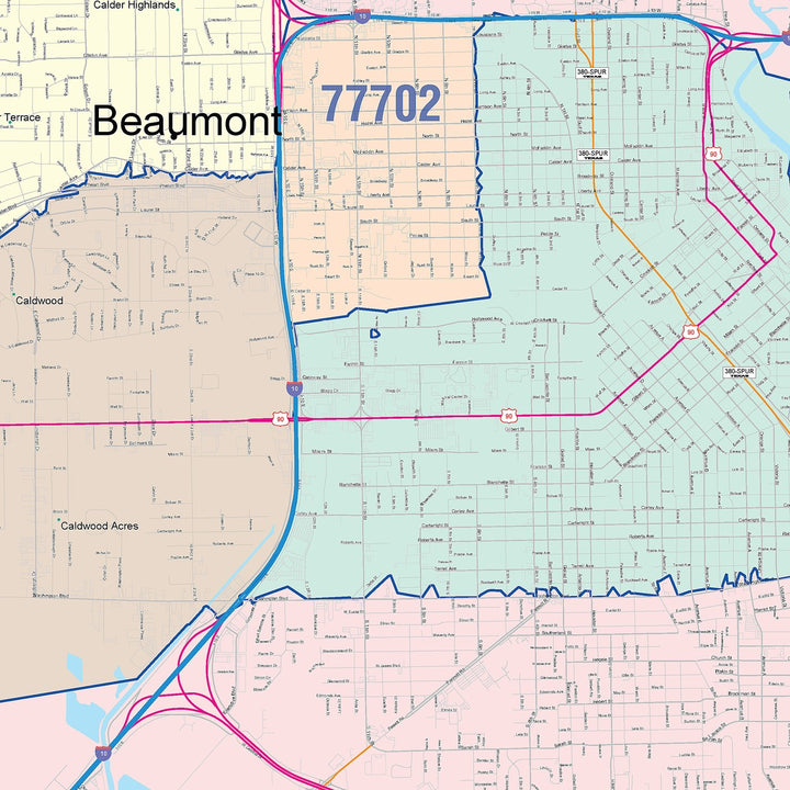 Color Cast Zip Code Style Wall Map of Beaumont, TX