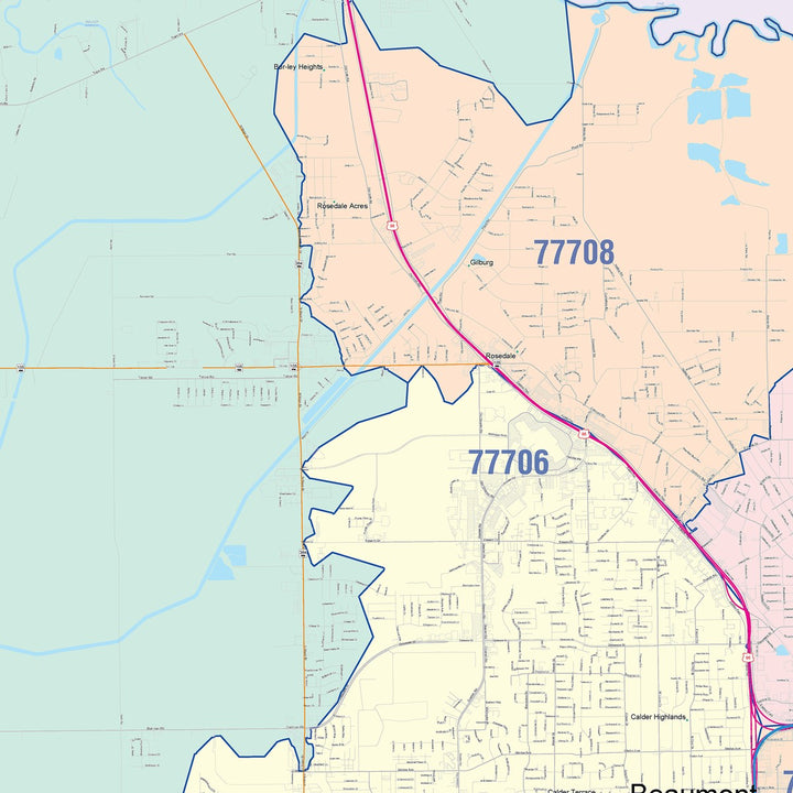 Color Cast Zip Code Style Wall Map of Beaumont, TX