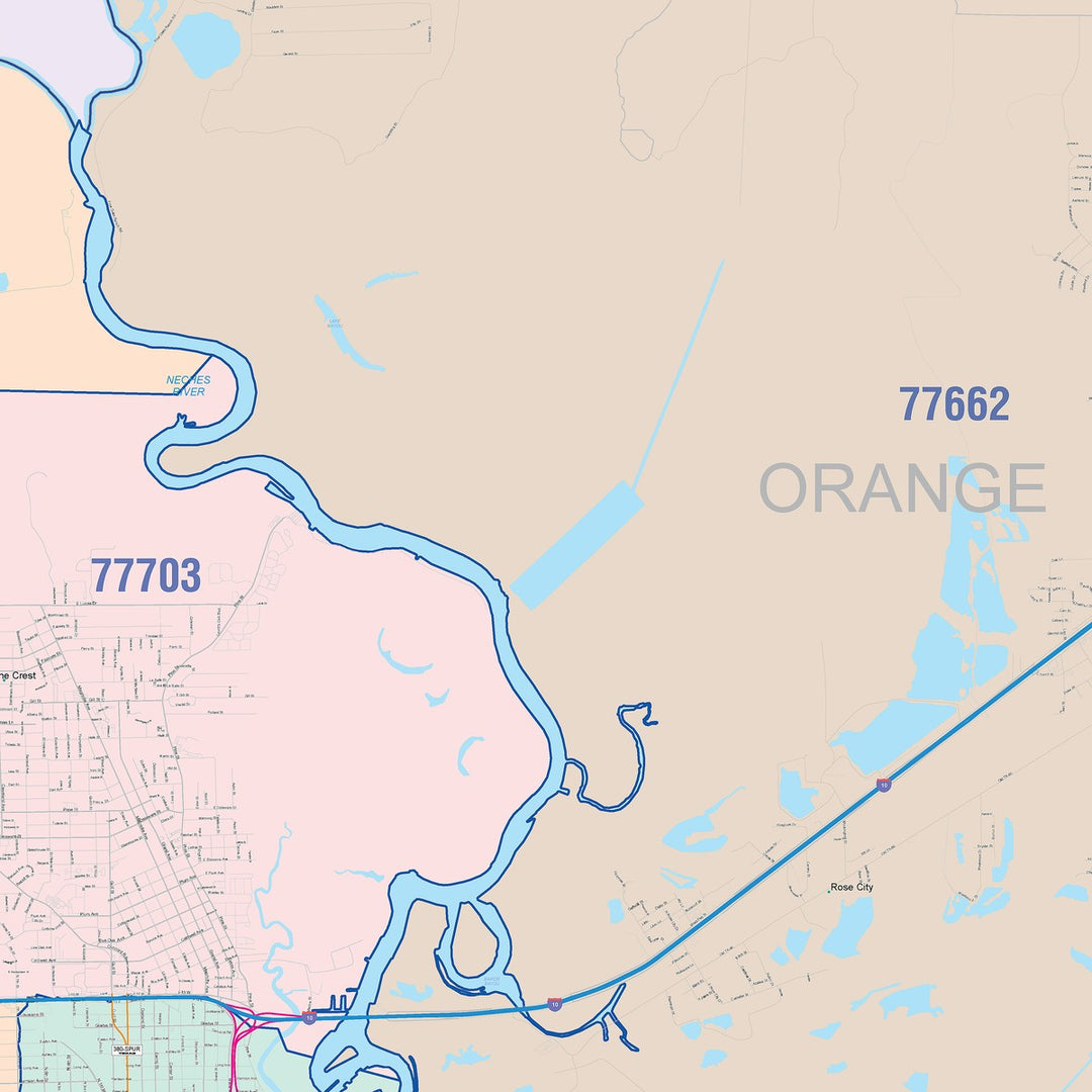 Color Cast Zip Code Style Wall Map of Beaumont, TX