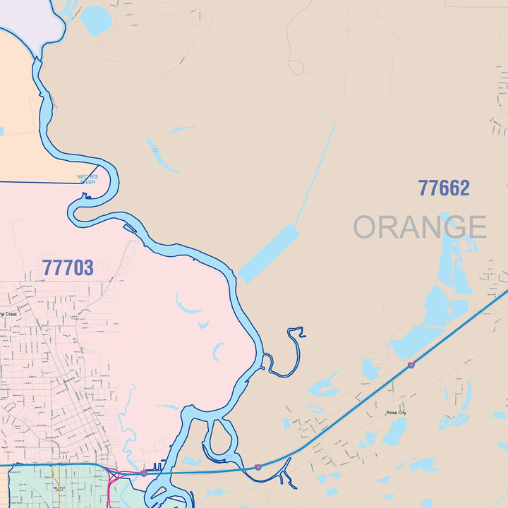 Color Cast Zip Code Style Wall Map of Beaumont, TX