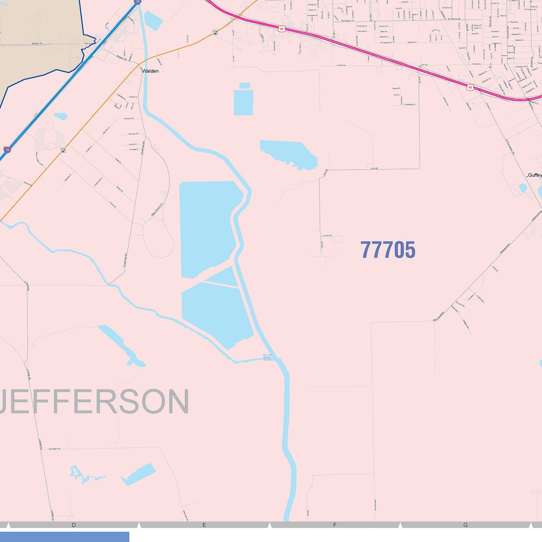 Color Cast Zip Code Style Wall Map of Beaumont, TX