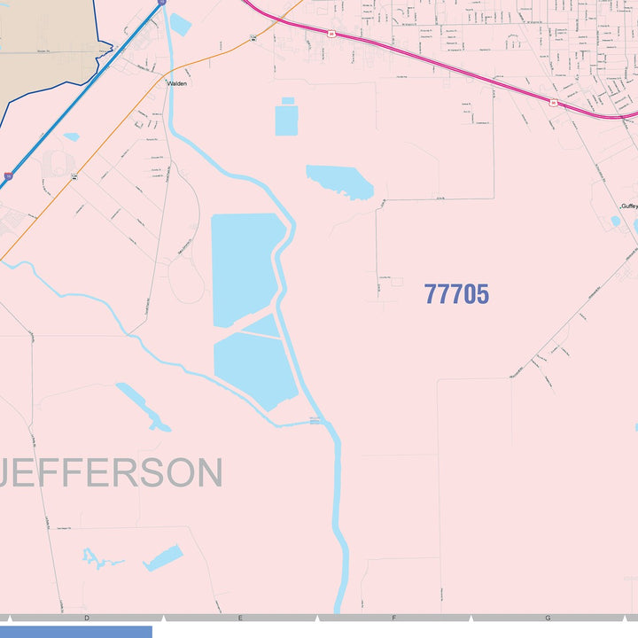 Color Cast Zip Code Style Wall Map of Beaumont, TX