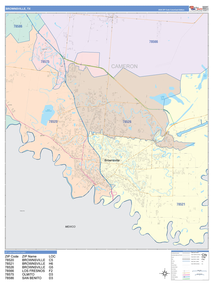 Color Cast Zip Code Style Wall Map of Brownsville, TX
