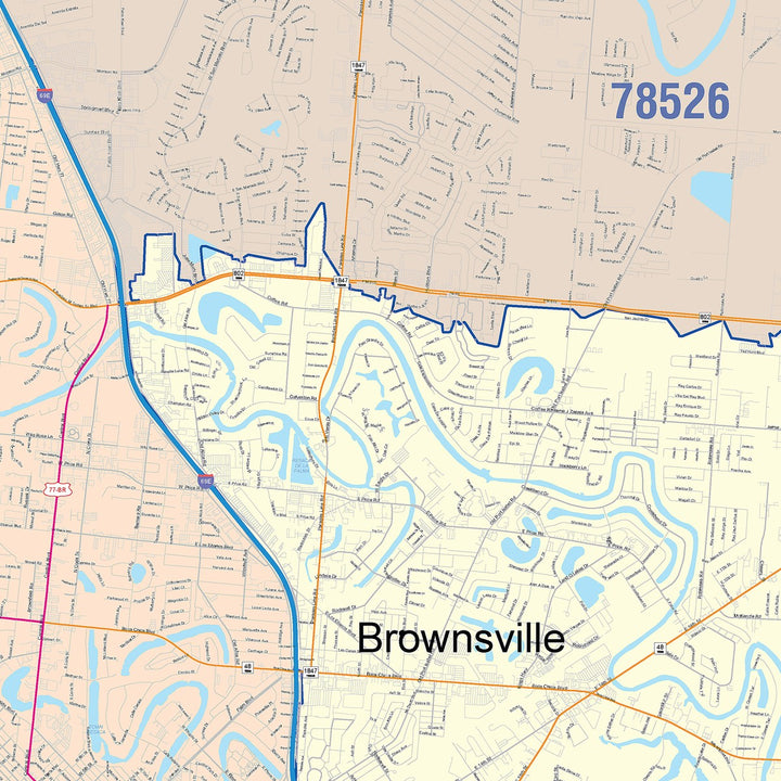 Color Cast Zip Code Style Wall Map of Brownsville, TX