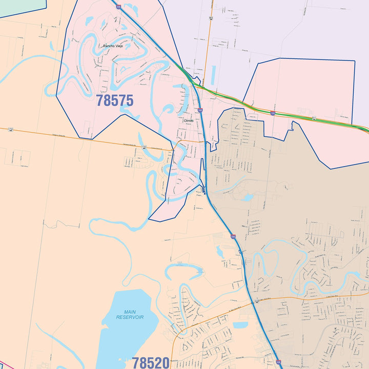 Color Cast Zip Code Style Wall Map of Brownsville, TX