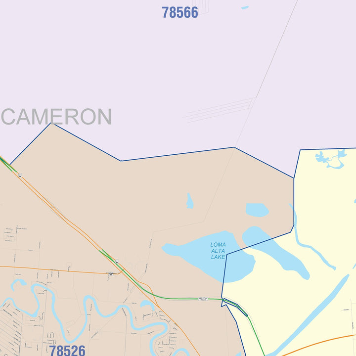 Color Cast Zip Code Style Wall Map of Brownsville, TX