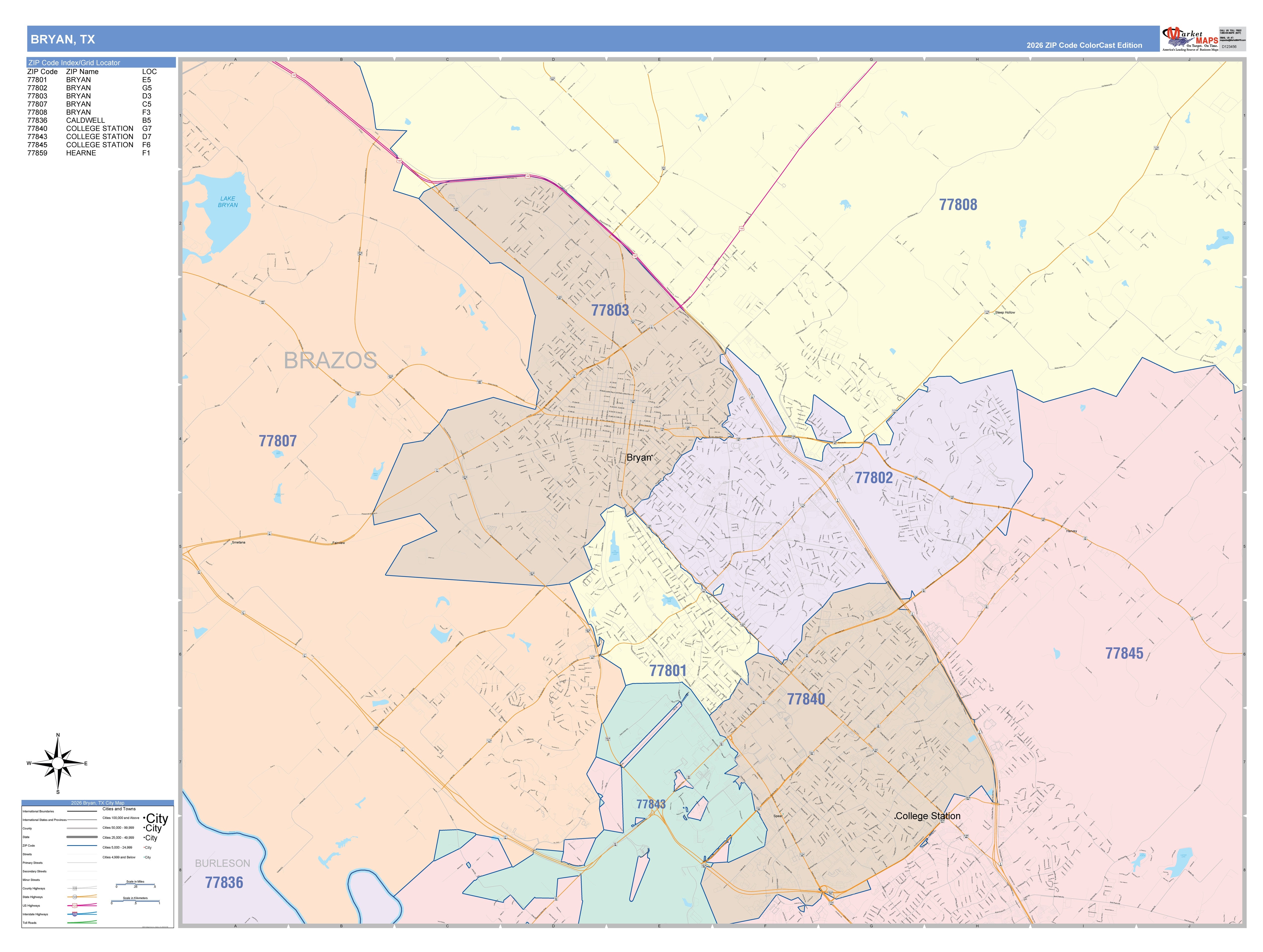 Color Cast Zip Code Style Wall Map of Bryan, TX – American Map Store