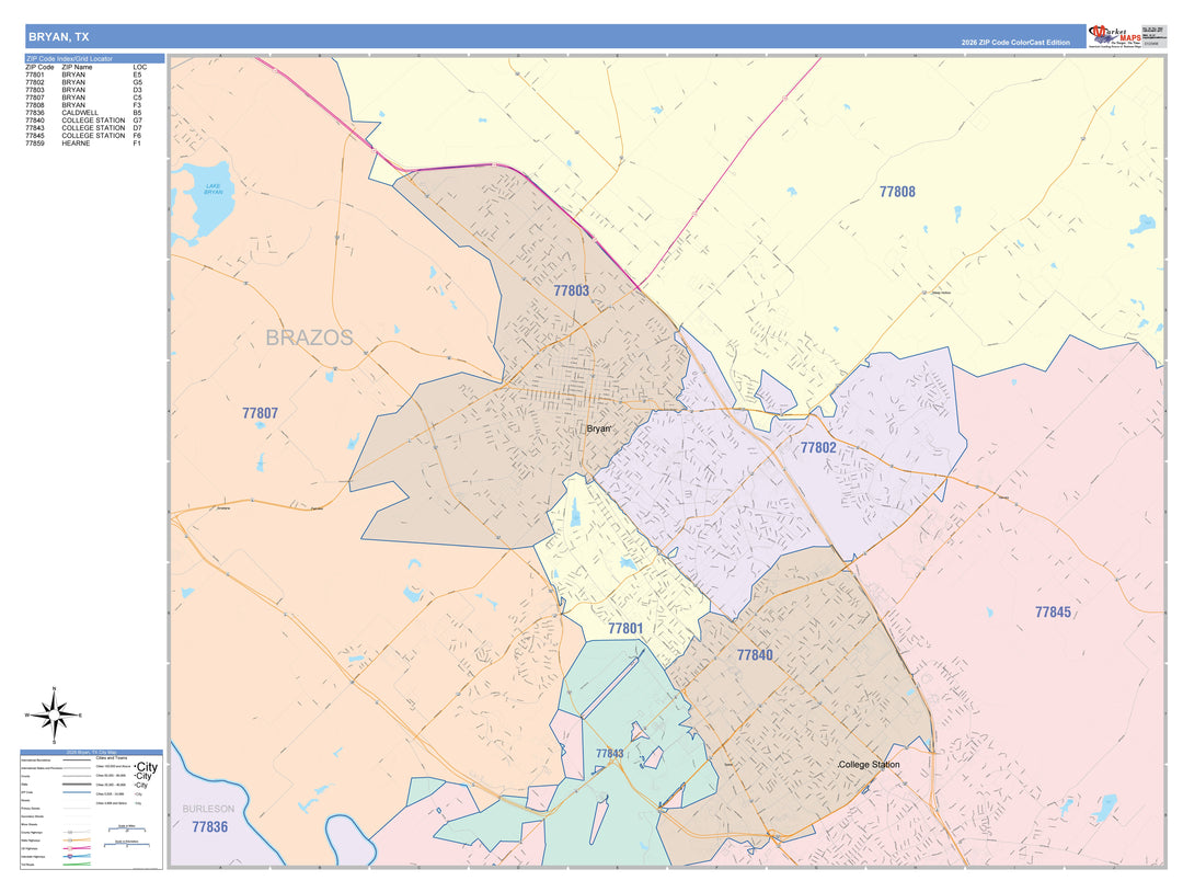 Color Cast Zip Code Style Wall Map of Bryan, TX