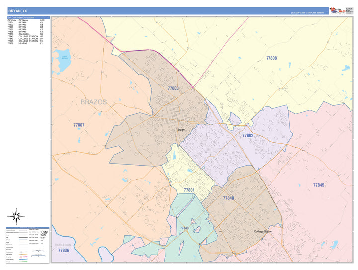 Color Cast Zip Code Style Wall Map of Bryan, TX