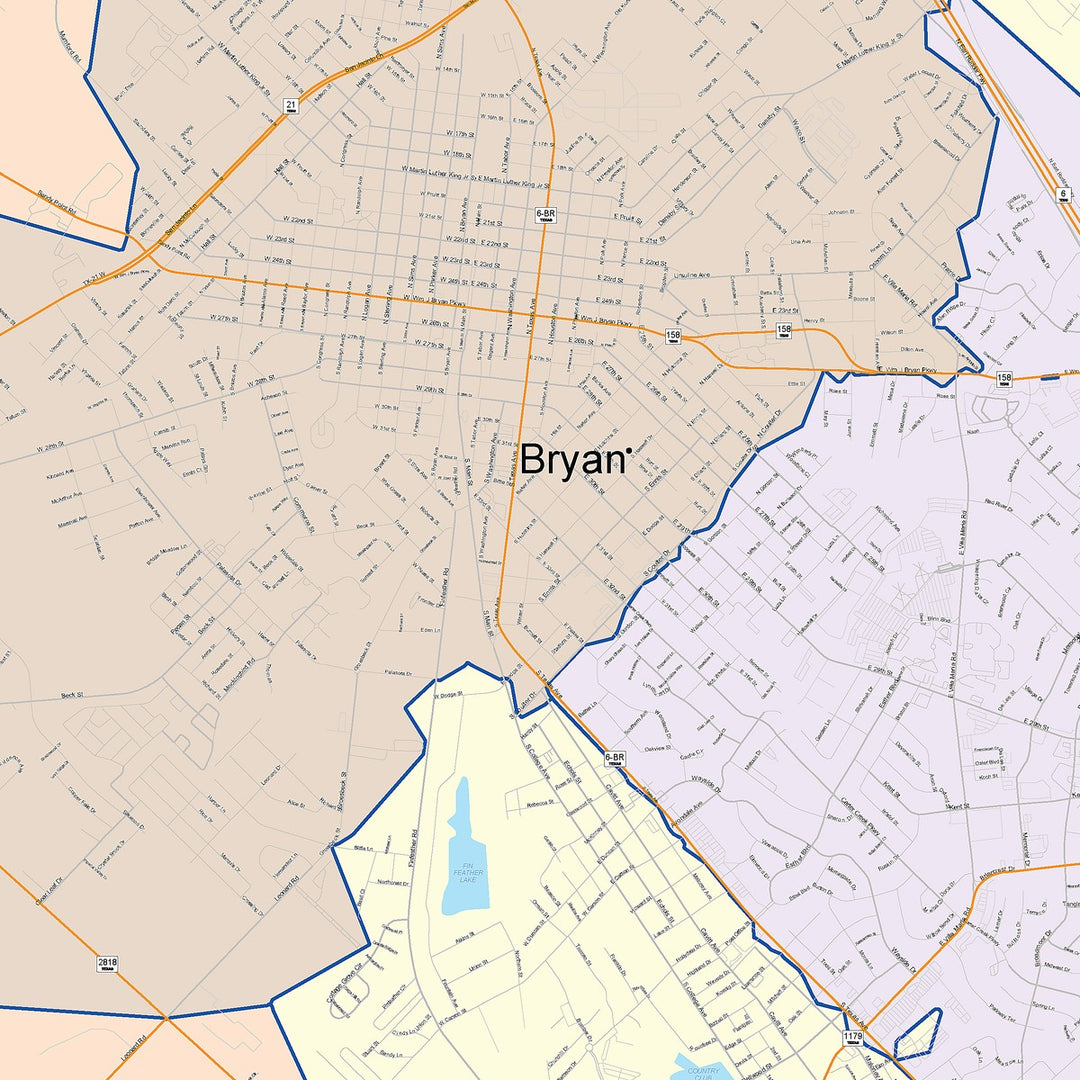 Color Cast Zip Code Style Wall Map of Bryan, TX