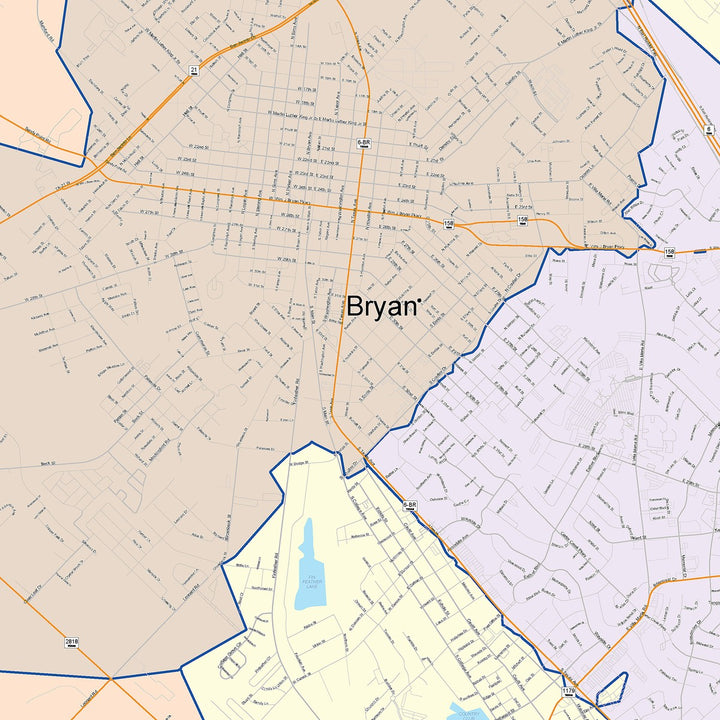 Color Cast Zip Code Style Wall Map of Bryan, TX