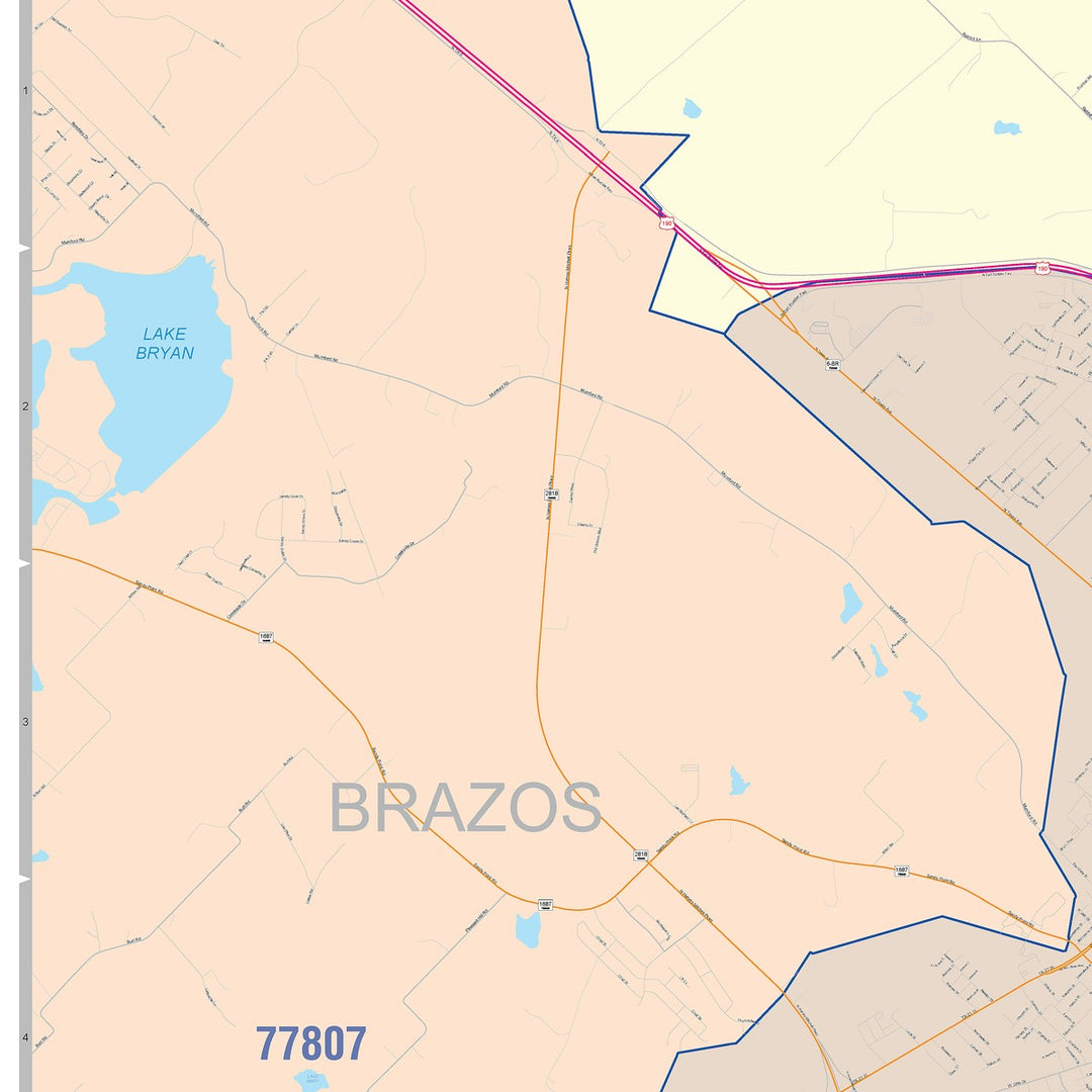 Color Cast Zip Code Style Wall Map of Bryan, TX