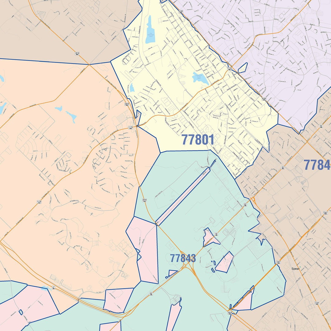 Color Cast Zip Code Style Wall Map of Bryan, TX