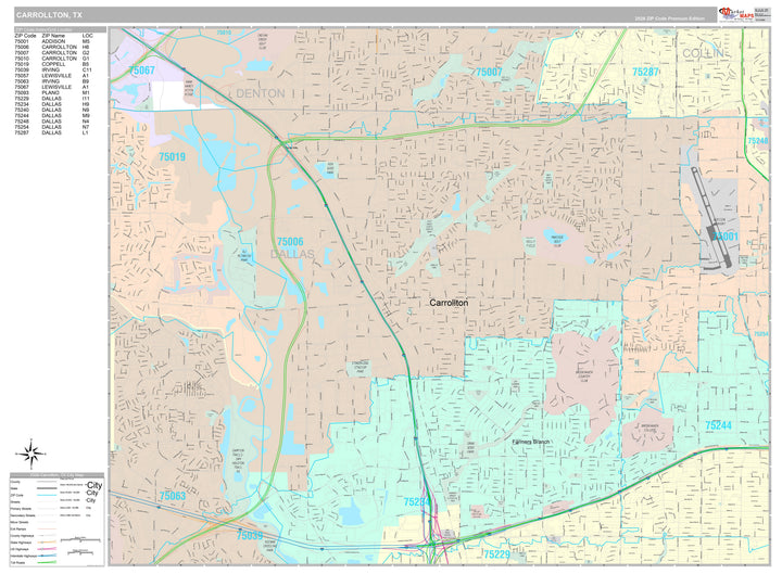 Premium Style Wall Map of Carrollton, TX